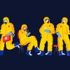 The header image features an illustration of four people in hazmat suits.