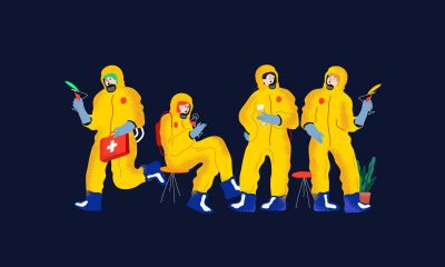 The header image features an illustration of four people in hazmat suits.