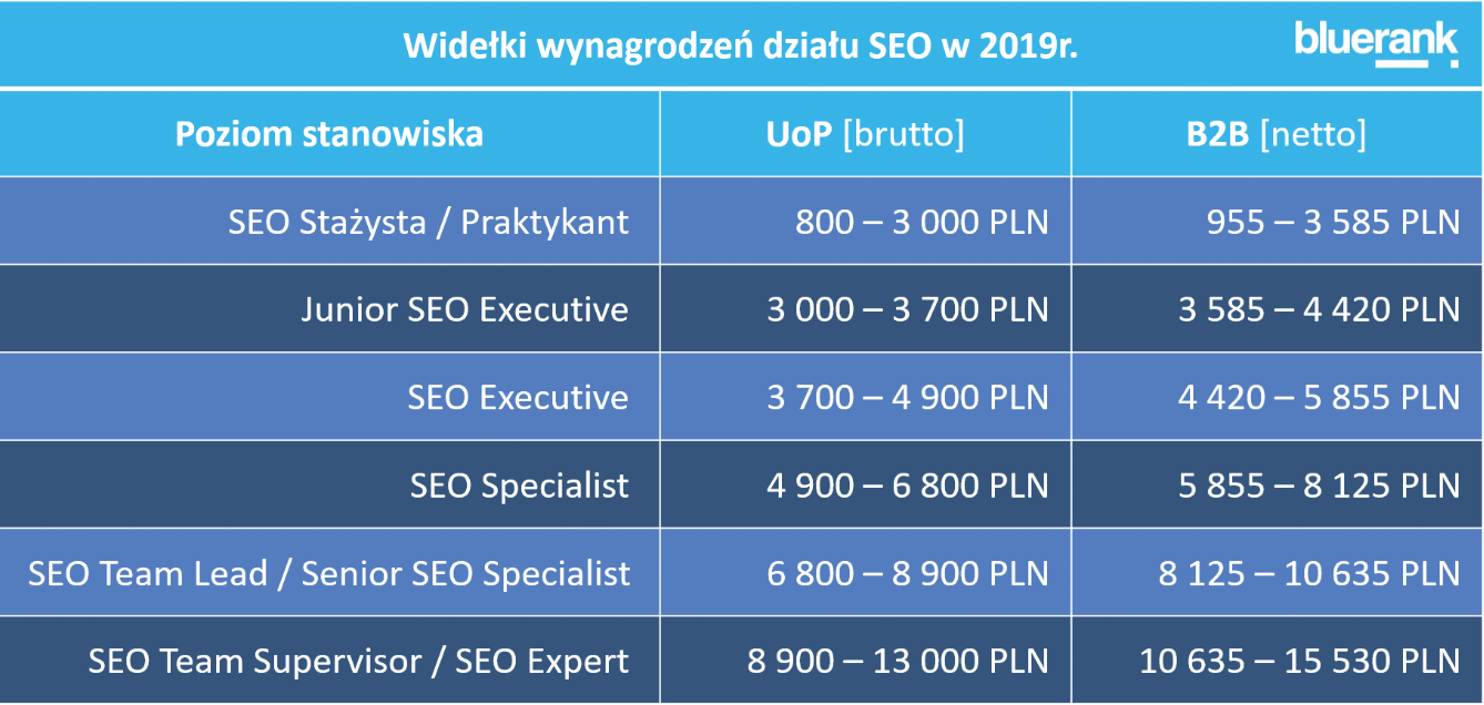 Sstawki dla specjalistów SEO Bluerank 15 tys. zł miesięcznie dla eksperta opinie