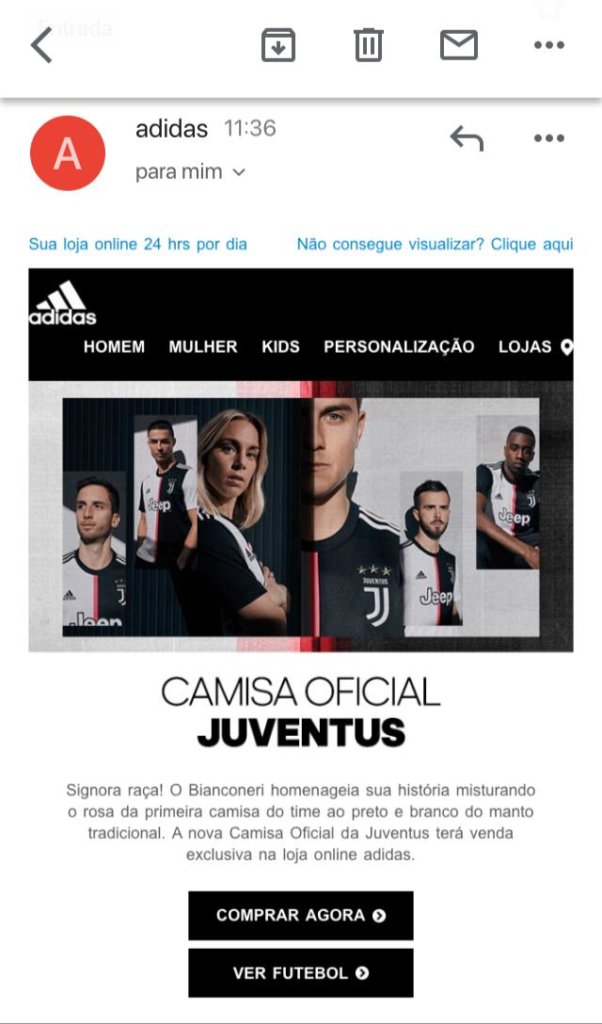 email marketing para lançamento de camisa da Juventus
