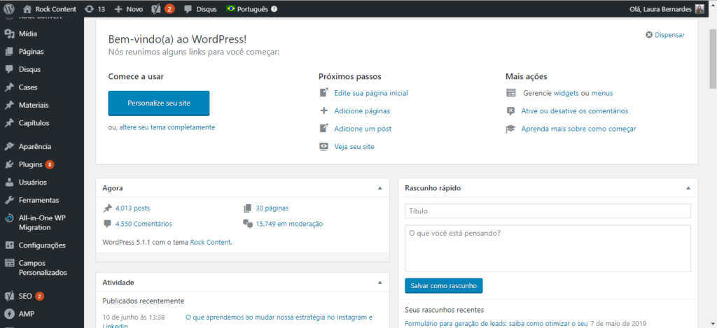 dashboard do wordpress