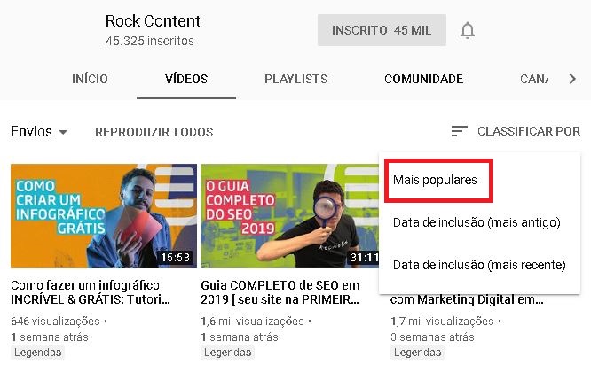 videos mais populares do canal do youtube