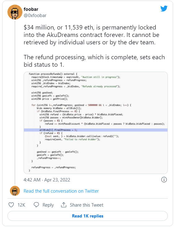 Из-за ошибки в коде пользователи голландского аукциона NFT-проекта AkuDreams лишились 11 539 ETH