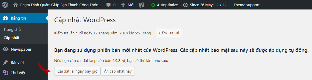 Cập nhật phiên bản WordPress chỉ với một lần nhấp
