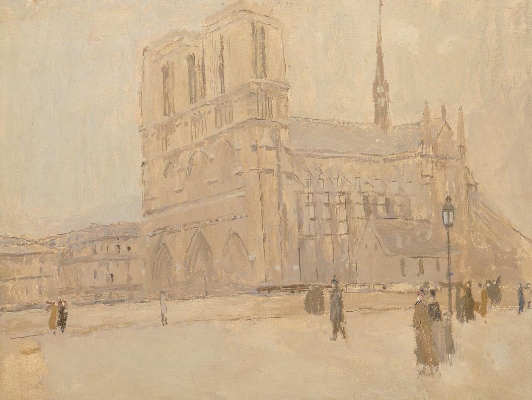 A painting of Notre Dame from the side.