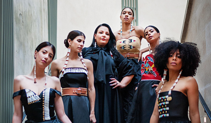 Norma Baker–Flying Horse (third from left) with models wearing her Red Berry Woman designs. Paris Fashion Week, March 2019. (Ulla Couture Photography)