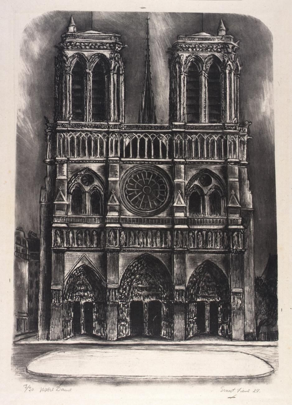 A lithograph of the front facade of Notre Dame.