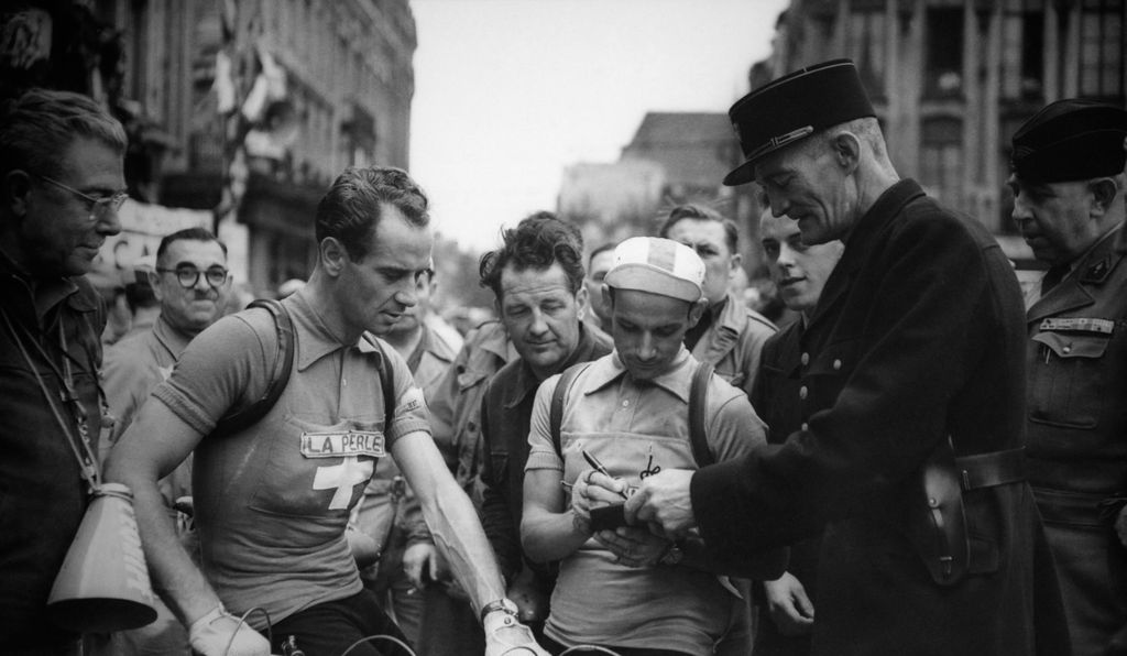 Swiss cyclist Fritz Schaer wearing the yellow jersey, 1953.