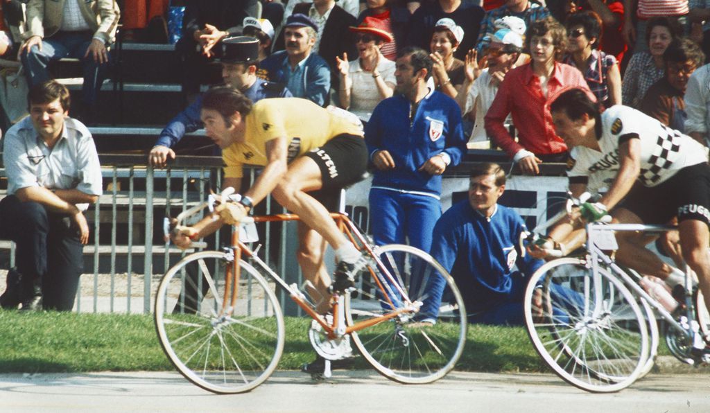 Legendary Belgian cyclist Eddy Merckx wearing the yellow jersey in July 1974.