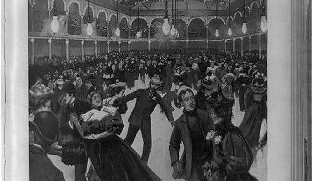 A March 1896 edition of the newspaper <i>Leslie's Weekly</i> depicts crowds of people flooding the St. Nicholas artificial ice rink in New York City. 
