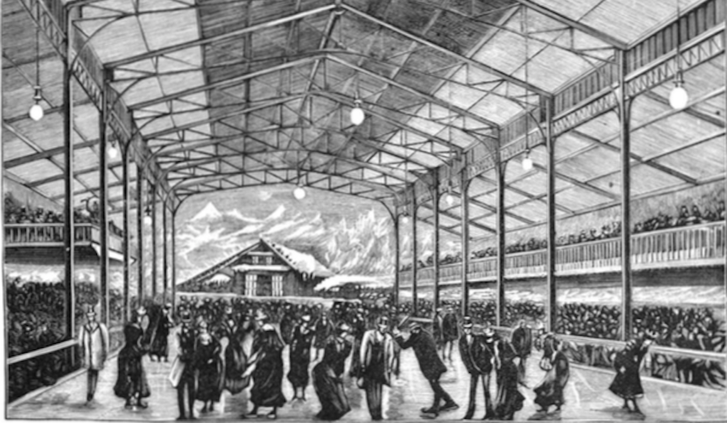 A 1893 <i>Scientific American</i> illustration captures massive crowds at the artificial ice rink in Paris, which was based on London's Glaciarium.
