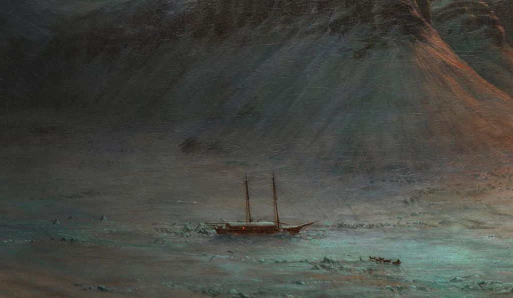 A faint but visible light emanates from a window in the schooner. A dogsled team is approaching the ship, though the fate of its crew is far from certain.