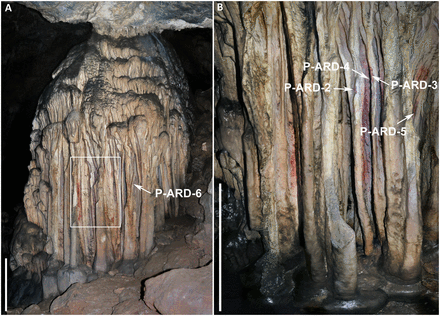 Painted stalactites in the Cave of